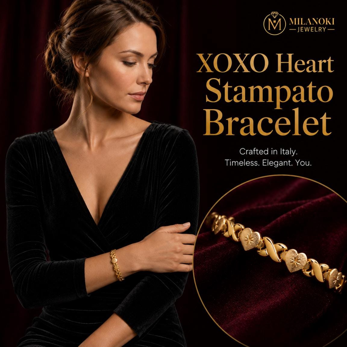 XOXO Heart Stampato Bracelet: 14K Gold Over Sterling Silver, Love