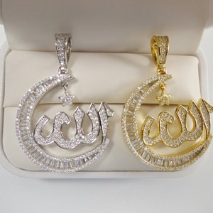 real 925 sterling silver large Muslim Allah pendent baguette stone charm