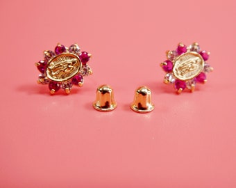 14k real solid yellow gold screw back Guadalupe virgin Mary earrings oval shape