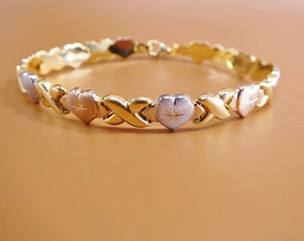 6.5 7/ 8 inch xoxo heart stampato bracelet tri color tone 14k yellow gold color finish over real 925 sterling silver