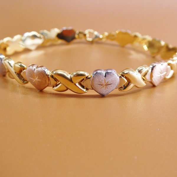 6.5 7/ 8 inch xoxo heart stampato bracelet tri color tone 14k yellow gold color finish over real 925 sterling silver