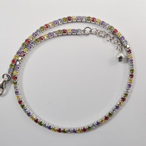 Real 925 sterling silver multi-color rainbow anklet tennis bracelet with extension