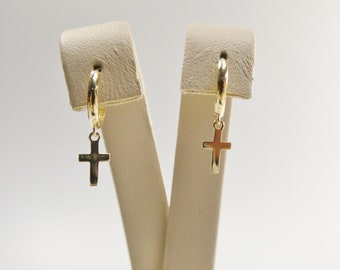 real 10k solid yellow gold hoop huggie dangle plain cross earrings