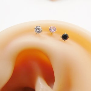 3MM 14k real solid yellow gold color stone cartilage flat screw back piercing