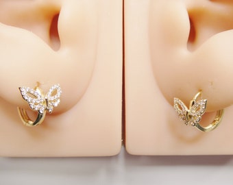 real 10k solid yellow gold butterfly hoop huggie earring