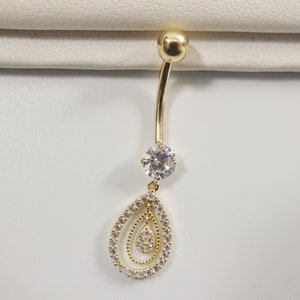 Piercing all&#39;ombelico ovale pendente in vero oro giallo massiccio 14k