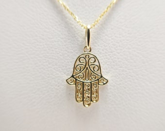 14k real solid yellow gold hand hamsa pendent and cable necklace