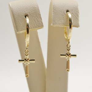 real 10k solid yellow gold hoop huggie dangle plain cross earring