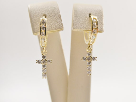 Orecchini A Cerchio Goccia Con Croce In Oro Massiccio 14k, Pendenti Huggie, Donna, Oro Giallo O Bianco