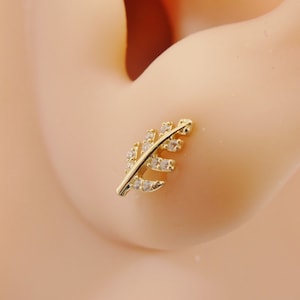 14k real solid yellow gold leaf helix cartilage leaf earring
