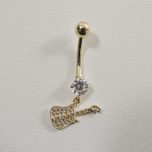 14k real solid yellow gold guitar dangling belly button ring piercing