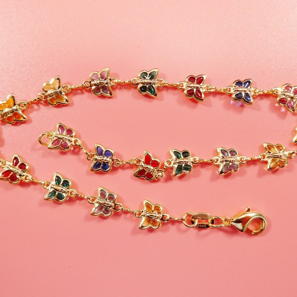 10 inch multi full color stone butterfly 18k gold filled ladies anklet bracelet