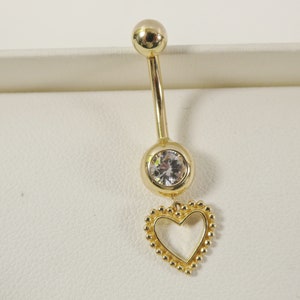 14k real solid yellow gold heart dangling belly button ring piercing