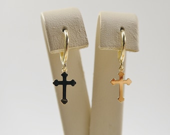 real 10k solid yellow gold hoop huggie dangle plain cross earrings