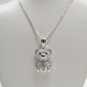 Cadena y colgante en plata de ley 925 con piedra rosa y osito de peluche