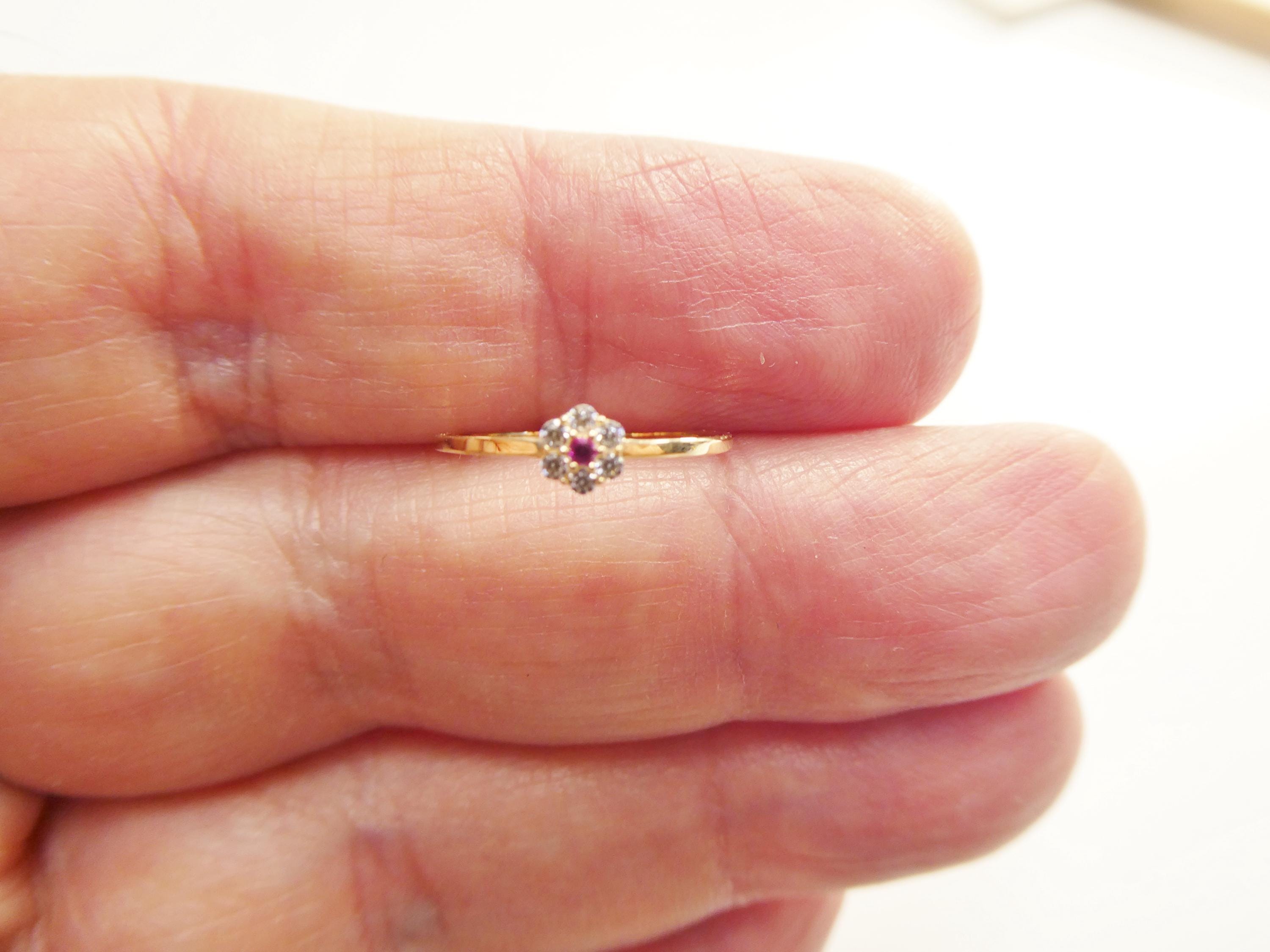 Flower Cluster Kids Pinky Ring: 10K Solid Yellow Gold, Red Stone…