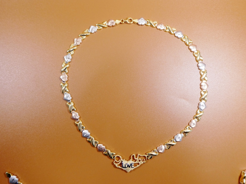 925 real sterling silver I love you xoxo heart set necklace and bracelet hugs and kisses stampato 14k tri color gold tone color