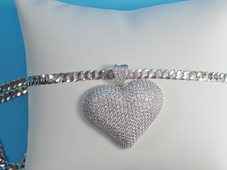 14k white gold color tone chain and large heart charm pendent over real 925 sterling silver