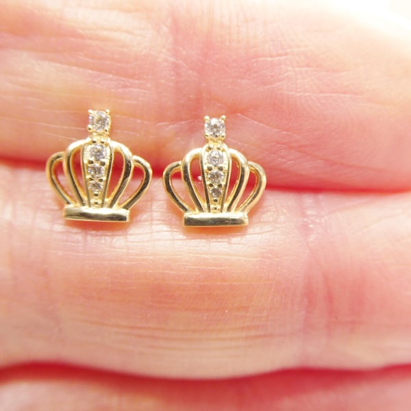 real 10k solid yellow gold crown push post stud earrings