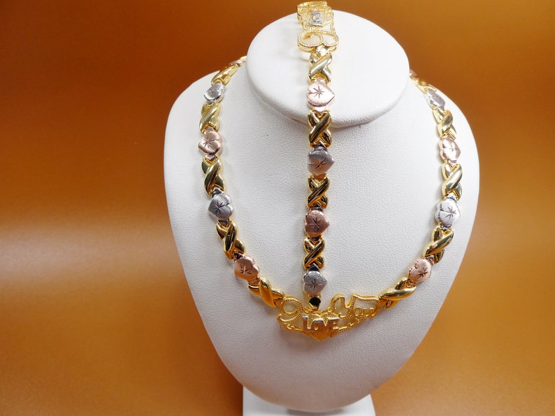 925 real sterling silver I love you xoxo heart set necklace and bracelet hugs and kisses stampato 14k tri color gold tone color