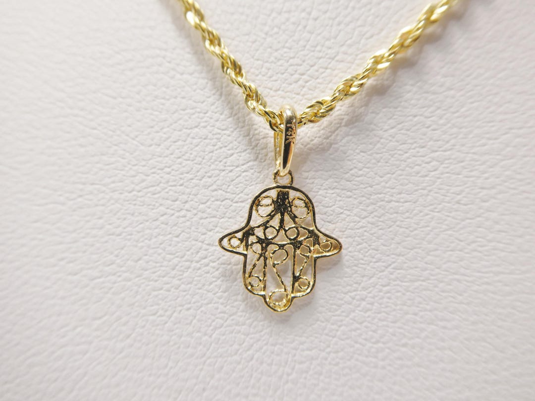 Hamsa Rope Chain 14k Real Solid Yellow Gold Hand Hamsa Pendent and Rope Necklace - Etsy