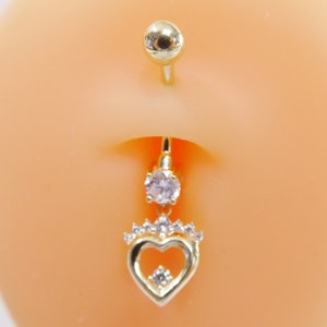 14k real solid yellow gold heart dangling belly button ring piercing