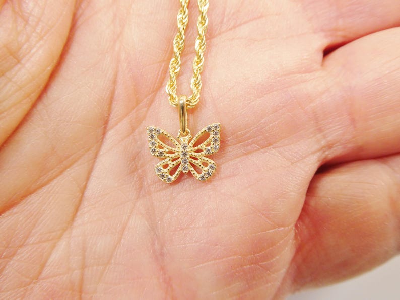 14k Real Solid Yellow Gold Butterfly Pendent and Rope Necklace Etsy