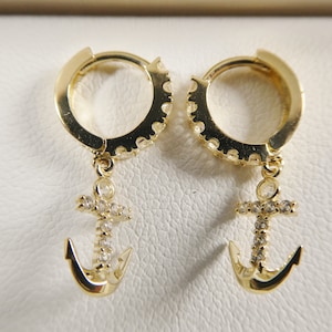 10k real yellow gold anchor dangling huggie hoop earring