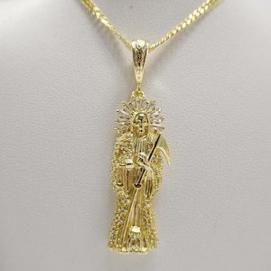 real 925 sterling silver 18 inch flat chain and santa muerte pendent charm gold color finish