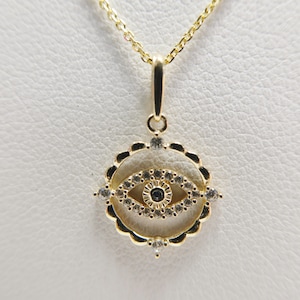 14k real solid yellow gold evil eye pendent and cable necklace