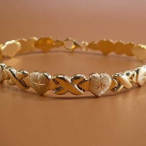 6.5 / 7 / 8 / 10 inch xoxo heart stampato bracelet all yellow tone 14k yellow gold color finish over real 925 sterling silver