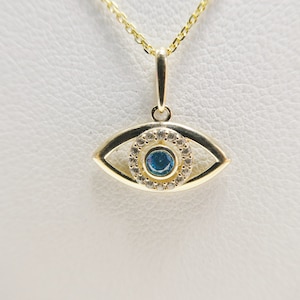 14k real solid yellow gold evil eye pendent and cable necklace
