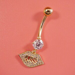14k real solid yellow gold dangling logo kiss lips belly button ring piercing