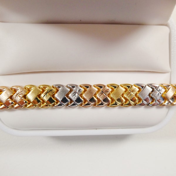 8 inch basket STAMPATO bracelet tri color tone 14k yellow gold color finish over real 925 sterling silver