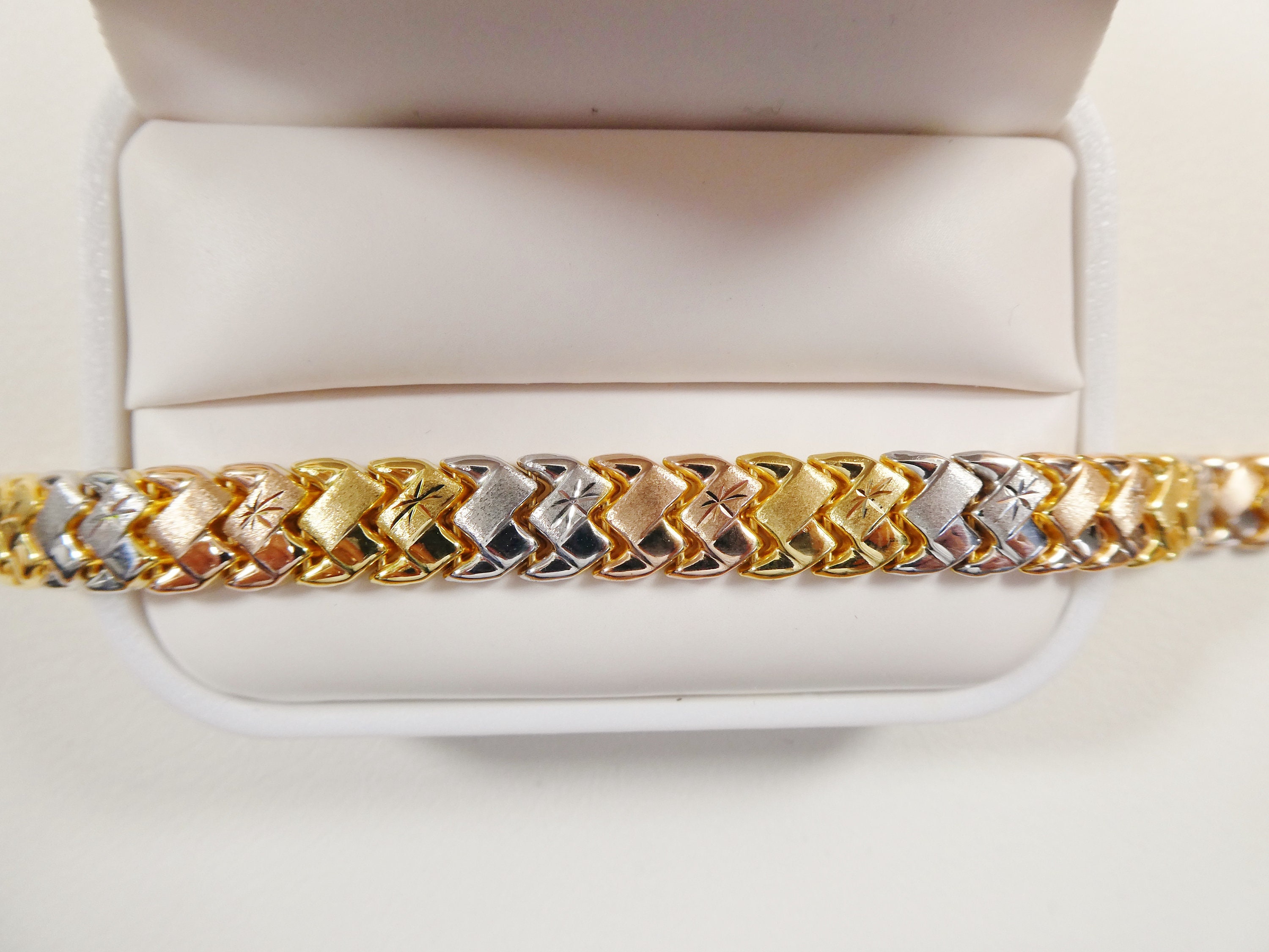 8 Inch Basket STAMPATO Bracelet Tri Color Tone 14k Yellow