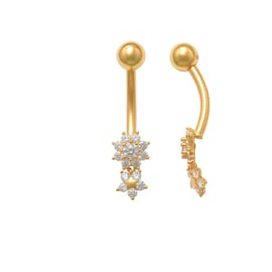 14k real solid yellow gold flower bar belly button ring piercing
