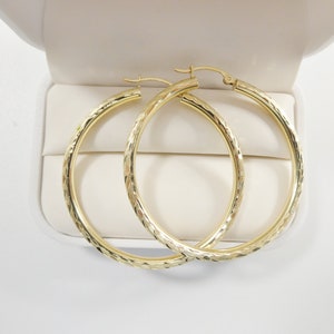 14K real solid yellow gold 45mm round hoop earring snap closure diamond cut finish