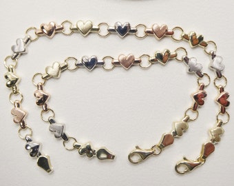 Pulsera de corazón de oro macizo de 10k: Cadena XO tricolor