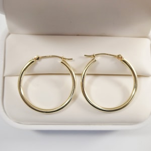 14K real solid yellow gold 2mm / 25mm round hoop earrings snap closure high polish finish