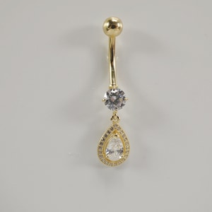 14k real solid yellow gold tear drop design belly button ring piercing