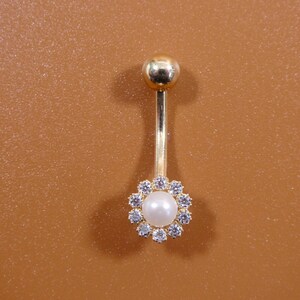 14k real solid yellow gold freshwater pearl belly ring