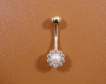 Anillo de ombligo con perla de agua dulce en oro amarillo macizo real de 14 k