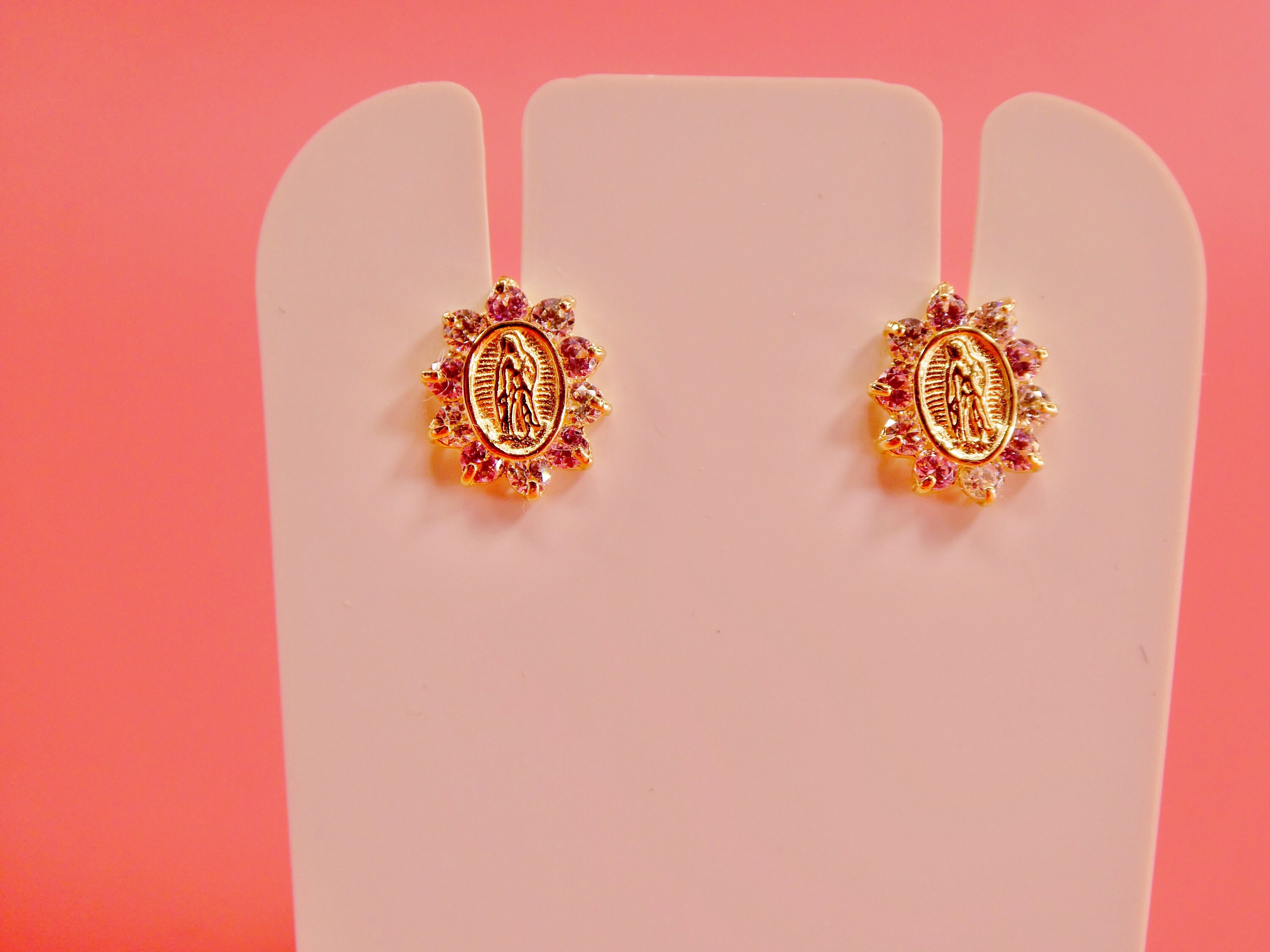 14k Real Solid Yellow Gold Screw Back Guadalupe Virgin Mary Earrings ...