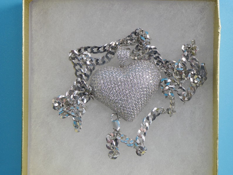 14k white gold color tone chain and large heart charm pendent over real 925 sterling silver