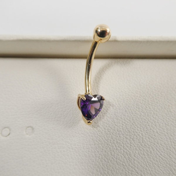 14k real solid yellow gold 6mm heart amethyst stone belly button ring piercing