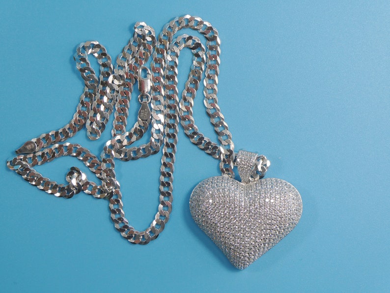14k white gold color tone chain and large heart charm pendent over real 925 sterling silver