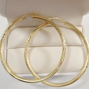 14K real solid yellow gold 55mm round hoop earring snap closure diamond cut finish