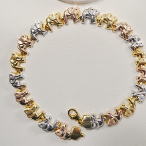 6.5 /7/ 8/ 10 inch tri color elephant bracelet 14k gold color tone over real 925 sterling silver