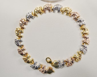 6.5 /7/ 8/ 10 inch tri color elephant bracelet 14k gold color tone over real 925 sterling silver