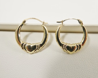 14k real solid yellow gold small heart hoop design earrings